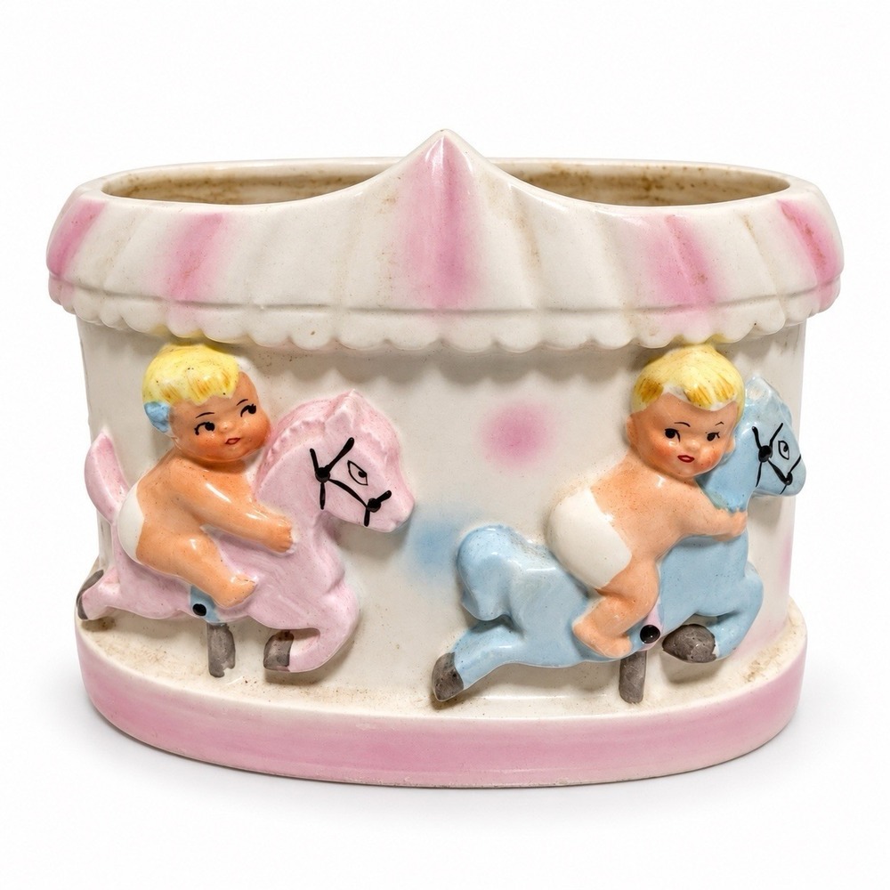 Vintage Velco Japan Baby Carousel Planter Pink Blue Nursery 4258 MCM